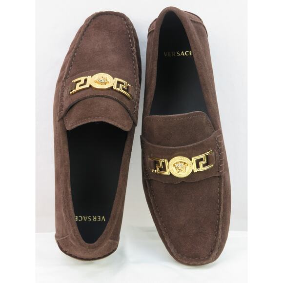 NIB VERSACE BROWN SUEDE GOLD MEDUSA HEAD LOGO LOAFERS 42 9 ITALY main image 5
